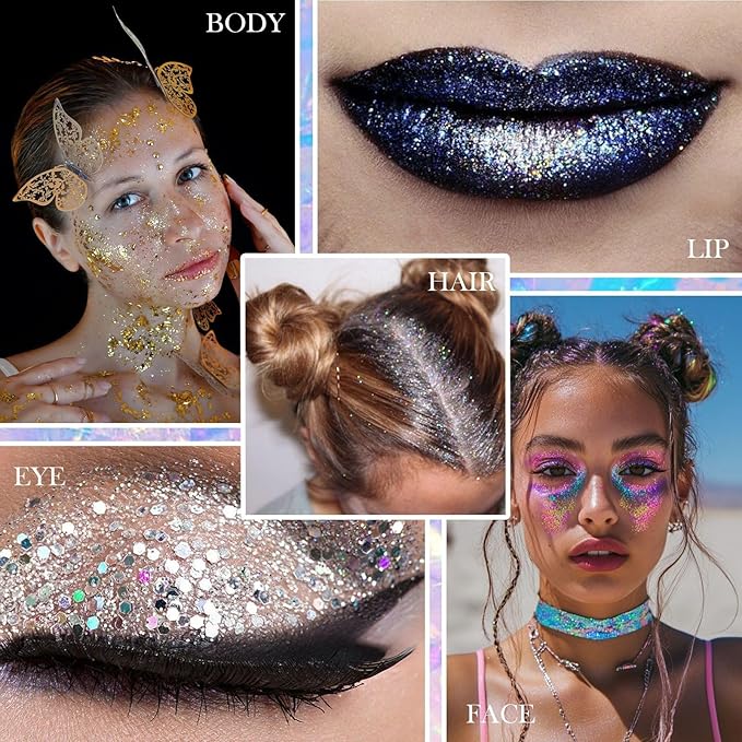 Body Face Glitter Makeup for Kids Women, Sparkly Chunky Hair Glitter, Mermaid Birthday Decorations Rave Outfits for Women (Pink Body Glitter)