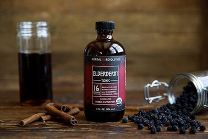 Herbal Revolution Elderberry Tonic - Certified Organic Non-GMO Apple Cider Vinegar Infused with Cinnamon Bark, Raw Honey, Ginger & More - Made Using Regenerative Farming Practices - 8 Oz