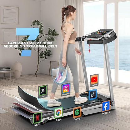 SYTIRY Incline Treadmills for Home with TV Screen and WiFi, 3.25HP Smart Walking Pad Treadmill with Incline, Heavy Duty Foldable Electric Running Machine with 10” Touchscreen, 3D Virtual Sports Scenes