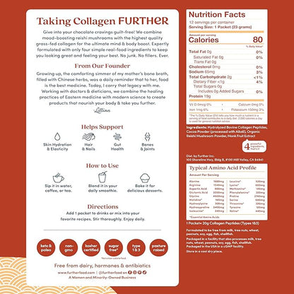 Further Food Chocolate Collagen Peptides Powder Stick Packs, Grass-Fed Pasture-Raised Hydrolyzed Type 1 & 3 Protein, Gut Health + Joint, Hair, Skin, Nails, Paleo Keto Sugar-Free 9.74 oz