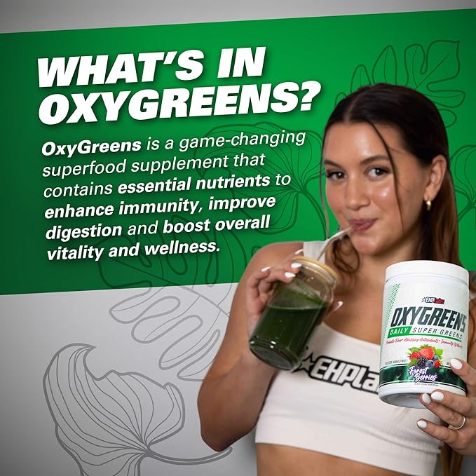 EHP Labs OxyGreens Super Greens Powder - Spirulina & Chlorella Superfood, Green Juice Powder & Greens Supplements with Prebiotic Fibre, Antioxidants & Immunity Support, 30 Serves (Strawb. Margarita)