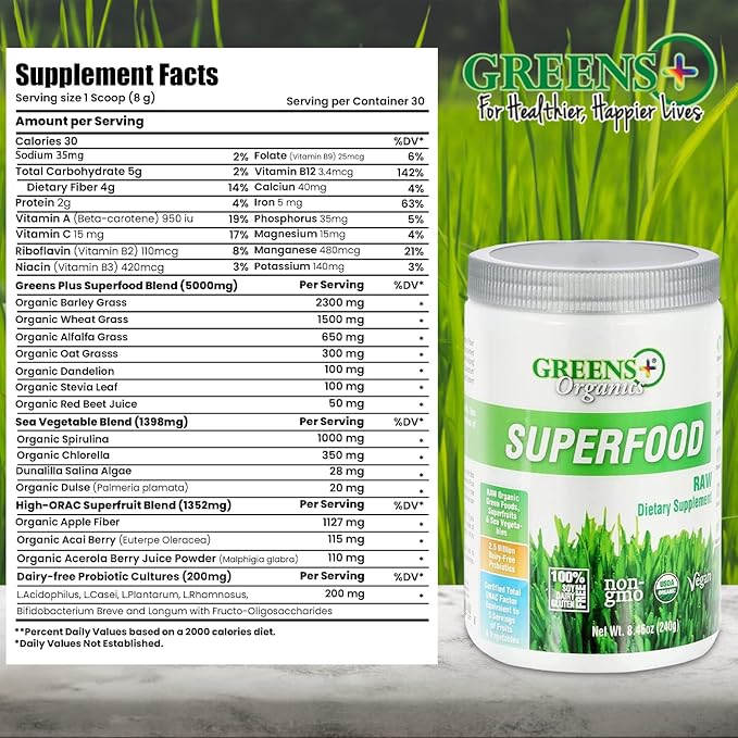 Greens+ Organic RAW Superfood Powder, Super Blend Immune Support, Morning Kick, Energy Boost, Nutrition Vibrant Health, Dietary Supplement, Vegan Soy/Dairy/Gluten Free(8.46oz)
