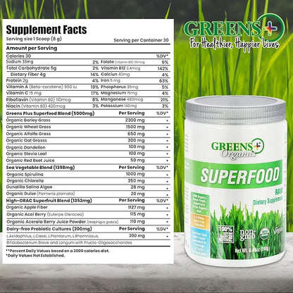 Greens+ Organic RAW Superfood Powder, Super Blend Immune Support, Morning Kick, Energy Boost, Nutrition Vibrant Health, Dietary Supplement, Vegan Soy/Dairy/Gluten Free(8.46oz)