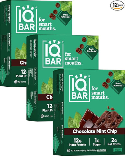 IQBAR Brain and Body Plant Protein Bars - Chocolate Mint Chip - 36-Count Low Carb - Gluten Free, High Fiber, Vegan Snacks - Low Sugar Meal Replacement