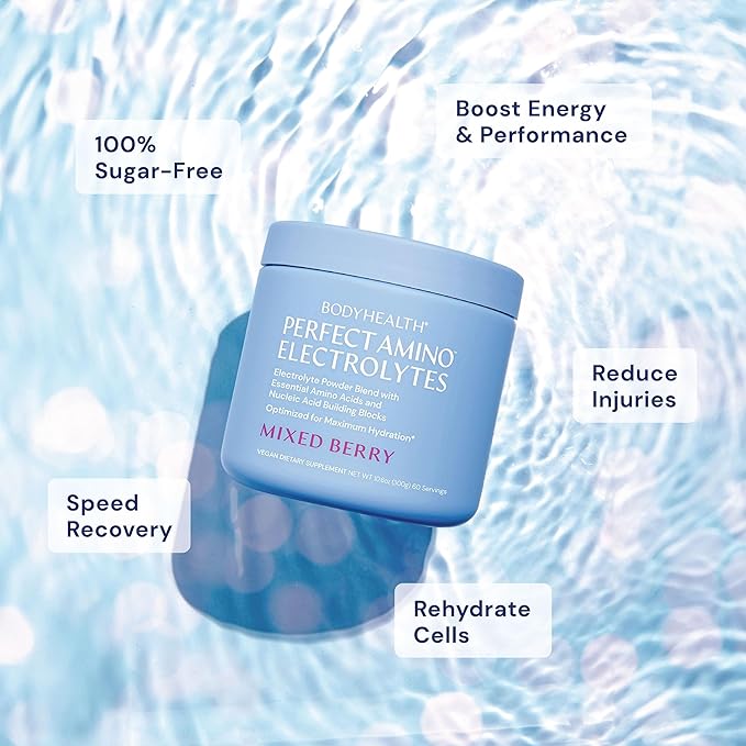 BodyHealth PerfectAmino Electrolytes Powder No Sugar, Keto Sugar Free Fasting Electrolytes Drink Mix, Hydration Powder with Trace Minerals - Mixed Berry - 30 Servings
