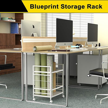 GIOTORENT Blueprint Storage Rack, Holder with Wheels, Map/Poster/Architectural Plan Storage, 12 Slots, 2 Brakes, Silent Wheels for Home, Office, School (White)
