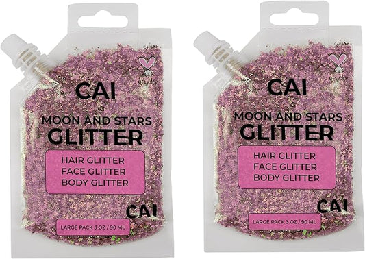 Hair Glitter Gel – Body Glitter for Kids and Women – Iridescent Holograph Cosmetic-Grade Gel w/Moon & Stars for Hair, Body & Face, Applies Smoothly w/o Glue & Washes Off Easily, 3 Oz - Rose 2Pack