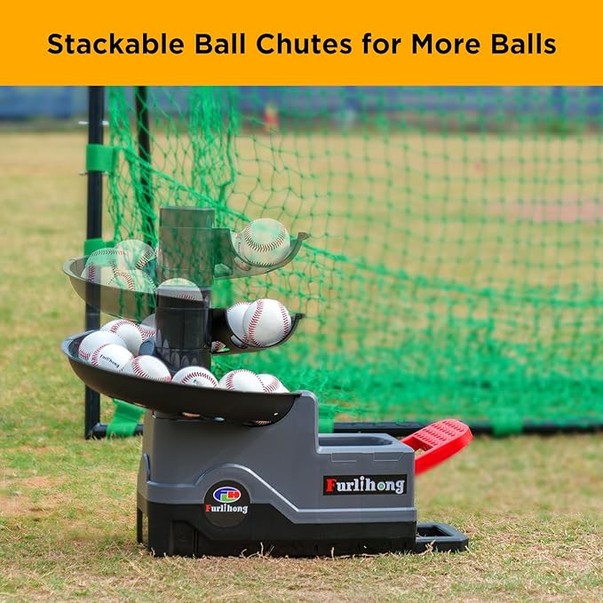 Furlihong 691BH Baseball Softball Toss Machine, Foot-Operated, No Power Needed, 4 Adjustable Gears, Includes 2 Ball Chutes, 1 PU Baseball & 1 PU Softball