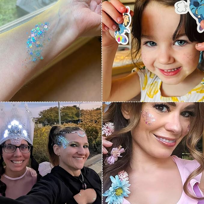 Body Glitter Gel - 4th of July Accessories, Sparkly Chunky Glitter Hair for Kids Women, Iridescent Glitter Freckles, Singer Concert Festival Rave Accessories (Green Body Glitter)