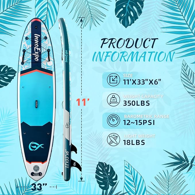 InnoExpo 11' Inflatable Stand Up Paddle Boards with Premium Accessories, Wide Stable SUP Paddle Board Design, Non-Slip Comfort Deck for Youth & Adults