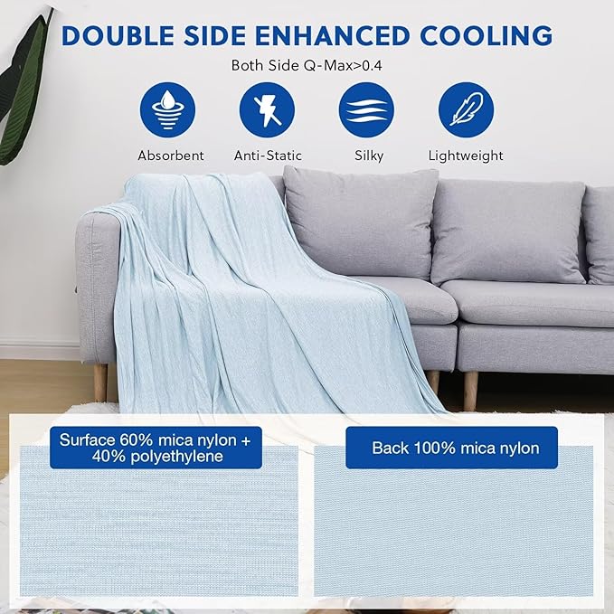 HOMFINE Cooling Blankets for Hot Sleepers - Summer Blanket Thin Lightweight Breathable Soft Double Side Enhanced Cooling for Bed Couch Sofa, Keep Cool for Night Sweats (Light Blue, 90 x 90 inches)