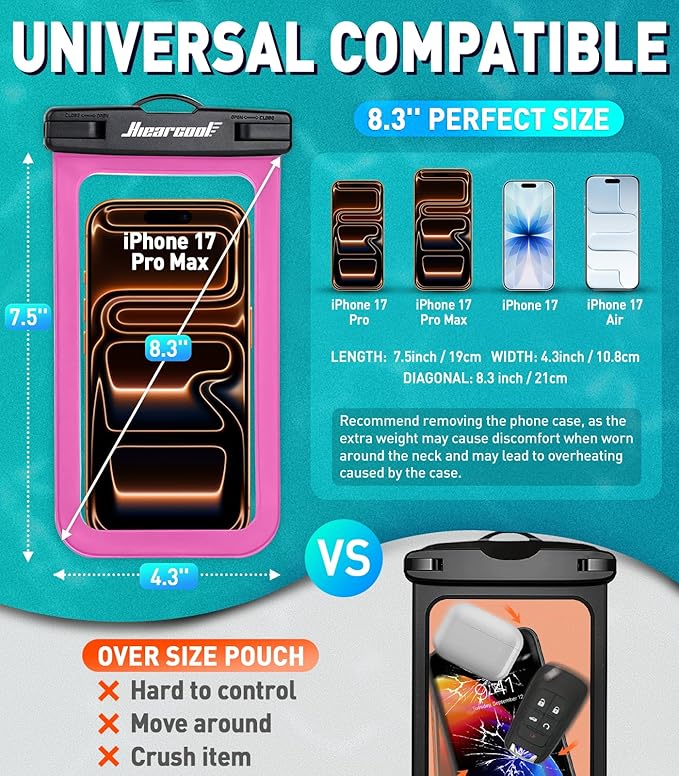 Hiearcool Waterproof Phone Pouch,Waterproof Phone Case for iPhone 17 16 15 14 13 Pro Max Plus up to 8.3",IPX8 Cellphone Dry Bag for Beach Cruise Travel-Bright Red-2Pack