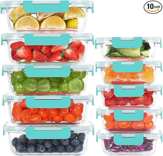 10 Pack Glass Food Storage Containers, Meal Prep Containers with Lids, Airtight Glass Lunch Boxes, Freezer, Oven, and Microwave Safe, Green