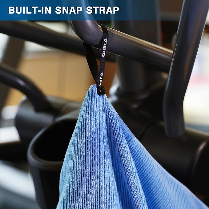 Microfiber Gym Towels with Snap Strap Closure, Ribbed Pattern Sports Towels for Yoga, Home and Outdoor Activities, 27” x 16”, 6 Pack, Black/Grey/Light Blue