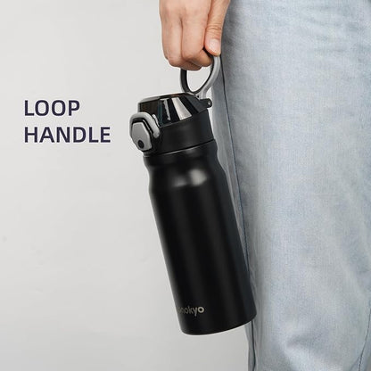 Insulated Water Bottle with Straw and Carry Loop,18 oz Stainless Steel Double Wall Vaccum Metal Water Flask with Leak-proof Lid,Black