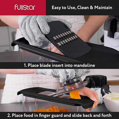 Fullstar Mandoline Slicer for Kitchen, Fruit Cutter, Cheese Grater, Cucumber Slicer, Veggie Spiralizer, Food Cutter & Kitchen Gadgets with Safety Glove (6 in 1, Black)