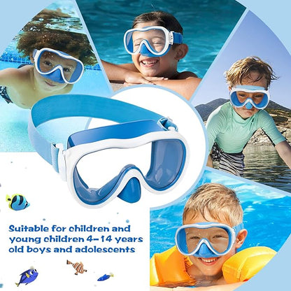 Kids Swim Goggles 180° Snorkel Diving Mask with Nose Cover, Anti-Fog Kids Swimming Goggles with Elastic Fabric Strap for Kids Boys Girls