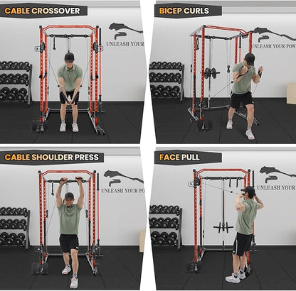 GaveeLife Power Cage, 2000 LBS Power Rack with Cable Cross-Over System, Multi-Functional Strength Training Squat Rack with LAT Pull Down System, Home Gym Equipment with Training Attachment, Red