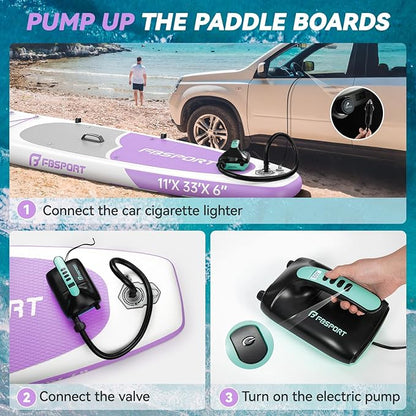 FBSPORT 11FT Premium Inflatable Stand Up Paddle Board with Electric Pump, Yoga Board with SUP Accessories & Carry Bag | Wide Stance, Surf Control, Non-Slip Deck, Leash and Paddle for Youth & Adult