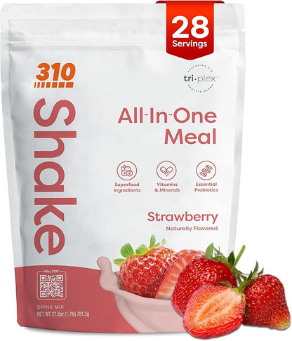 310 Nutrition All-In-One Meal Replacement Shake Powder - Plant-Based Protein Smoothie Blend w/High Fiber, Probiotics & Adaptogens - Low Carb, Vegan, Keto & Paleo Friendly - Strawberry - 28 Srv