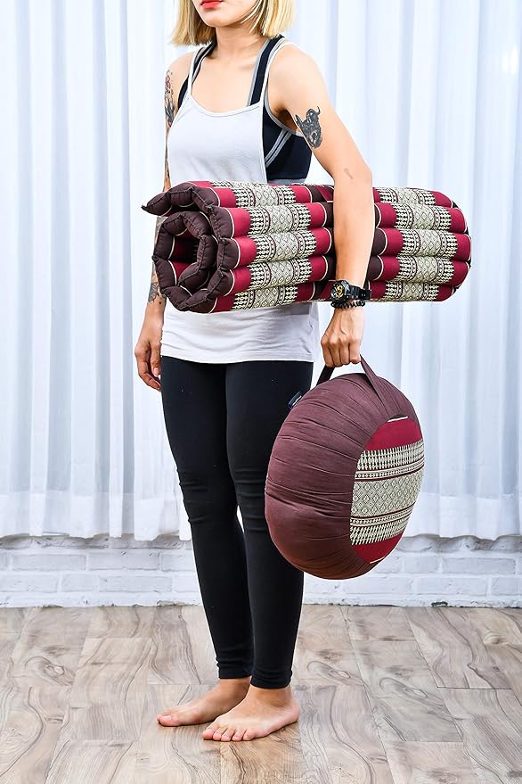 Leewadee Meditation Cushion Set – 1 Round Zafu Meditation Pillow and 1 Square Roll-Up Zabuton Meditation Mat, Pillows Bundle Filled with Kapok