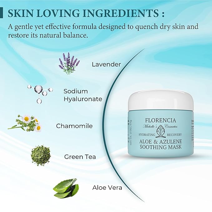 Florencia Aloe & Azulene Hydrating Gel Mask - Oil-Free Hydration for Dry, Dehydrated Skin - Soothing Recovery Mask with Hyaluronic Acid, Green Tea, Aloe & Azulene, 2 oz