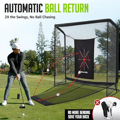 Golf Net, 10x7ft/8x8ft Golf Enclosure Net with Side Barriers/Auto-Ball Return, Low-Noise Target, Carry Bag, 4 Stakes, Hitting Practice Net for Backyard Driving Chipping Indoor Outdoor Use