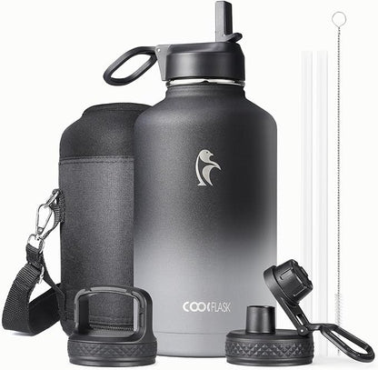 Half Gallon Insulated Water Bottle with Straw & 3 Lids, Coolflask 64 oz Water Jug Large Metal Stainless Steel Wide Mouth for Sports, Gym or Office, Non-BPA Keep Cold 48H Hot 24H, Piano Night