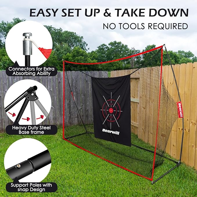 Golf Net, 10x7ft Heavy Duty Golf Practice Nets with Mat, Target Cloth, 8 Tees, 6 Balls, Carry Bag for Backyard Driving Chipping Indoor Outdoor Training