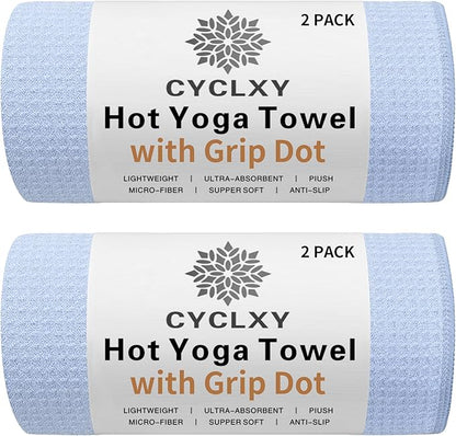 2 Pack Hot Yoga Towel with Grip Dot，Stickyfiber Yoga Mat Towels Non Slip for Hot Yoga,Absorbent Microfiber Sweat Anti-Slip Cover,Bikram,Pilates,Exercise,Fitness
