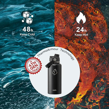 BUZIO Stainless Steel Water Bottle (Cold for 48 Hrs, Hot for 24 Hrs), 32 oz Vacuum Insulated Water Bottle with Straw Lid and Flex Cap (Double Wall, Wide Mouth, BPA Free, Leak Proof), Black