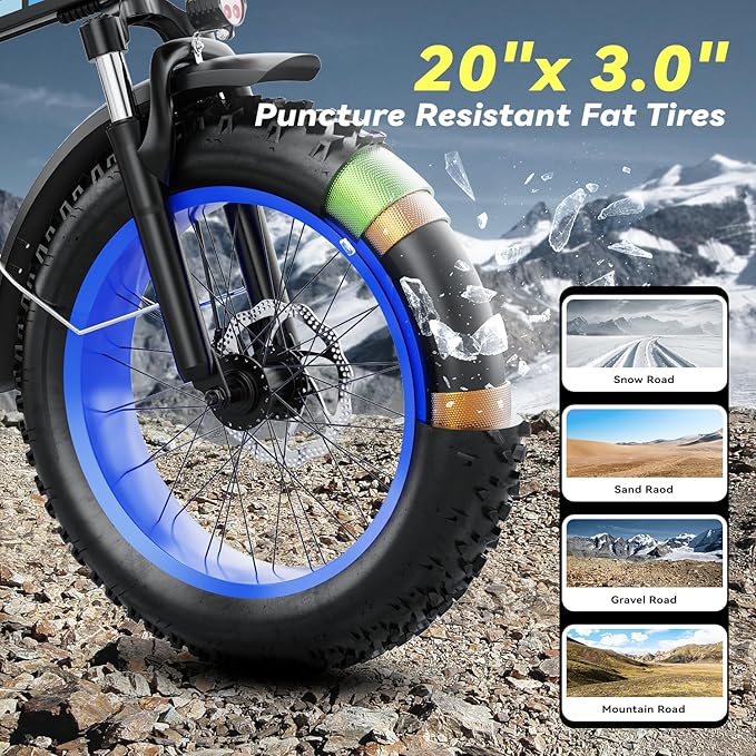 Foldable Electric Bike for Adults, 30+MPH, 48V 20Ah Removable Lithium Battery up to 80Miles, 20" Fat Tire 1000W Peak Motor Dirt Ebike Adult Electric Bicycle for Commute Beach Mountain E Bike