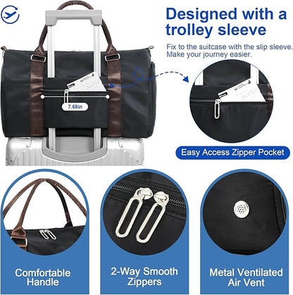 FIORETTO Womens Gym Tote Duffle Bag with Wet Pocket & Shoe Compartment, Sports Duffel Overnight Weekender Hospital Workout Carry on Bag for Girls, Ideal for Travel, Swimming, Dance, Ballet Black