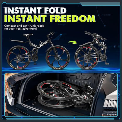 26 Inch Folding Mountain Bike, 21 Speed Full Suspension Bicycle with High-Carbon Steel, Dual Disc Brake Non-Slip Quick Release tire Folding Bicycle for Adults/Men/Women