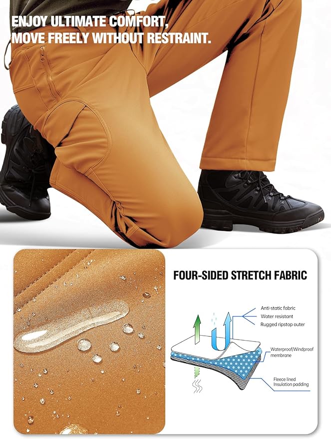FREE SOLDIER Men's Outdoor Softshell Fleece Lined Cargo Pants Snow Ski Hiking Pants with Belt