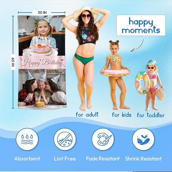 JML Birthday Gifts for Mom Dad Daughter Son, Personalized Beach Towel with Photo Text, Custom Beach Towel Gift for Mother's Day, Anniversary, Family Day, Summer Holiday, Vacation