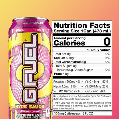 G Fuel Energy Drink, Raspberry Lemonade, Sugar Free Beverage with 300mg Caffeine, Daily Energy Boost with Focus Amino, Vitamin + Antioxidants, 16 oz Cans (Hype Sauce, 12-Pack)