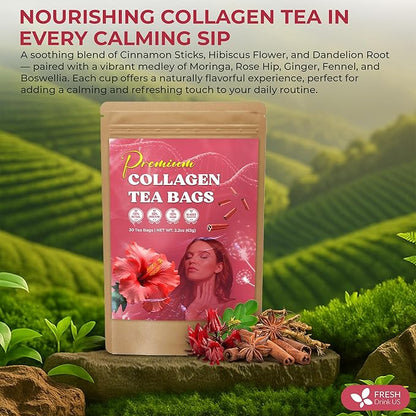 FreshDrinkUS, Premium Collagen Herbal Tea – 30 Tea Bags | Cinnamon Stick, Hibiscus, Dandelion Root, Moringa Leaves, Rose Hip, Ginger, Fennel Seed, Boswellia | Caffeine-Free, Natural Flavorful Blend
