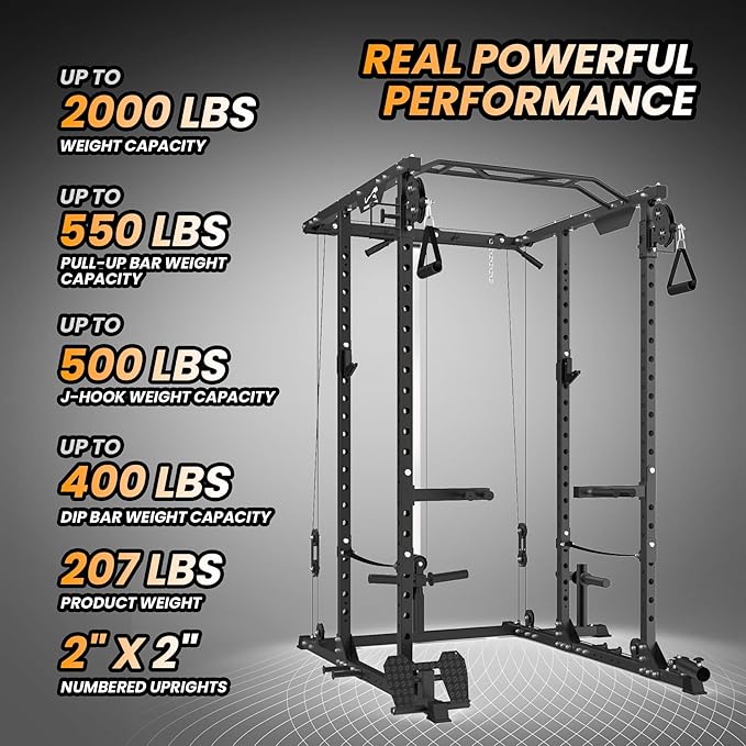 GaveeLife Power Cage, 2000 LBS Power Rack with Cable Cross-Over System, Multi-Functional Strength Training Squat Rack with LAT Pull Down System, Home Gym Equipment with Training Attachment, Red