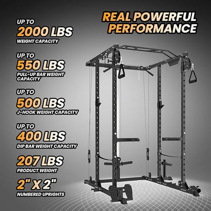 GaveeLife Power Cage, 2000 LBS Power Rack with Cable Cross-Over System, Multi-Functional Strength Training Squat Rack with LAT Pull Down System, Home Gym Equipment with Training Attachment, Red