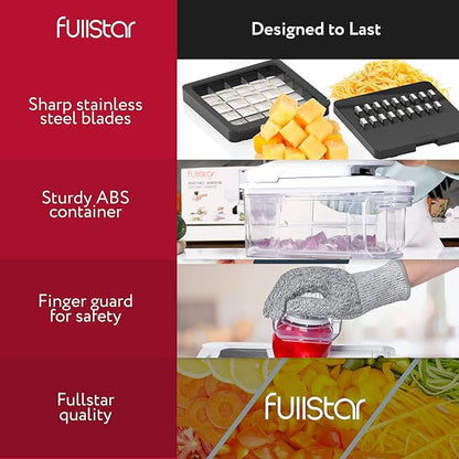 Fullstar All-in-1 Vegetable Chopper and Mandoline Slicer for Kitchen - Cheese Grater, French Fry Cutter, Cheese Slicer - Bonus Handheld Spiralizer Included (6 in 1, Black/White)