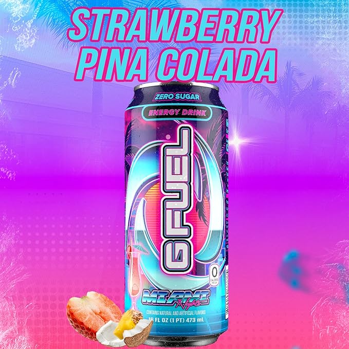 G Fuel Energy Drink, Strawberry Pina Colada, Sugar Free Beverage with 140mg Caffeine, Daily Energy Boost with Focus Amino, Vitamin + Antioxidants, 16 oz Cans (Miami Nights, 12-Pack)