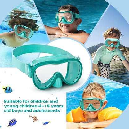 Kids Swim Goggles 180° Snorkel Diving Mask with Nose Cover, Anti-Fog Kids Swimming Goggles with Elastic Fabric Strap for Kids Boys Girls