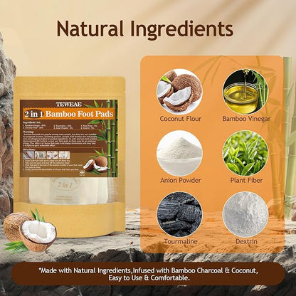 2 in 1 Foot Pads, Tear and Use Pure Bamboo Vinegar Coconut Foot Pads, Bigger Adhesive ''Stay in Place'' Goodnight Pads (10Pads)