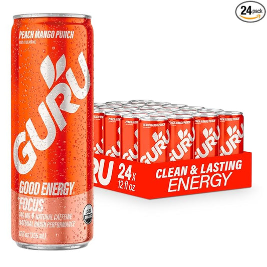 GURU Peach Mango Punch Organic Energy Drinks, Clean Energy Drink with Plant Based Natural Caffeine from Green Tea + Focus with L Theanine, Gluten Free and Vegan, 140MG Caffeine, 12oz (Pack of 24)