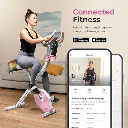 Sunny Health & Fitness Smart Folding X-Bike, Portable Compact Exercise Bike for Indoor Cycling Workout, Home Cardio Training Machine, Free SunnyFit App Bluetooth Connect, Optional Foldable Recumbent