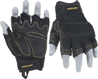 HANDLANDY Fingerless Work Gloves for Men, Padded Impact Tactical Mechanics Gloves, Grip Utility Trucker Driver Gloves (Black- impact, Large (Pack of 1))
