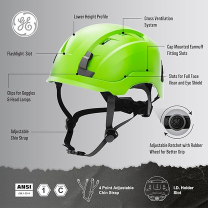 GE Safety Helmet, Impact Absorbing Tech, Adjustable Ratchet, ANSI Type 1, Memory Foam Padding, Hard Hats Protection, Lightweight, Durable, Chin Strap, Comfortable Fit OSHA Approved