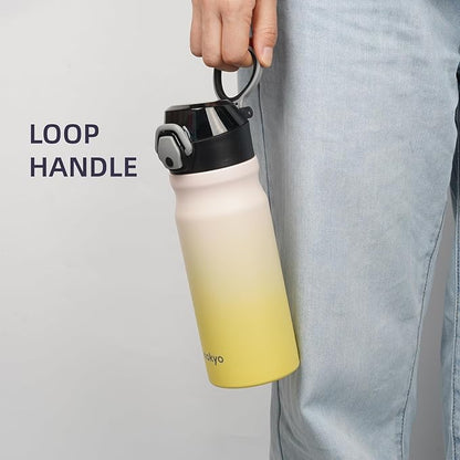 Insulated Water Bottle with Straw and Carry Loop,18 oz Stainless Steel Double Wall Vaccum Metal Water Flask with Leak-proof Lid,Lemon