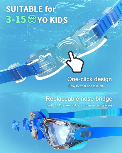 Kids Swim Goggles, Swimming Goggles for Kids with Nose Clip, Earplugs, Nose Bridge for Age 3-15